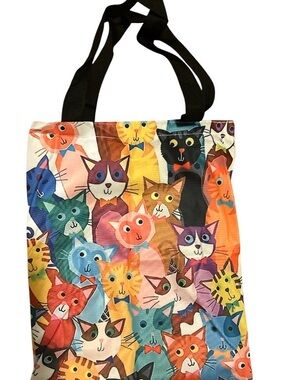 Multicolor Cat Print Tote Bag with Black Straps